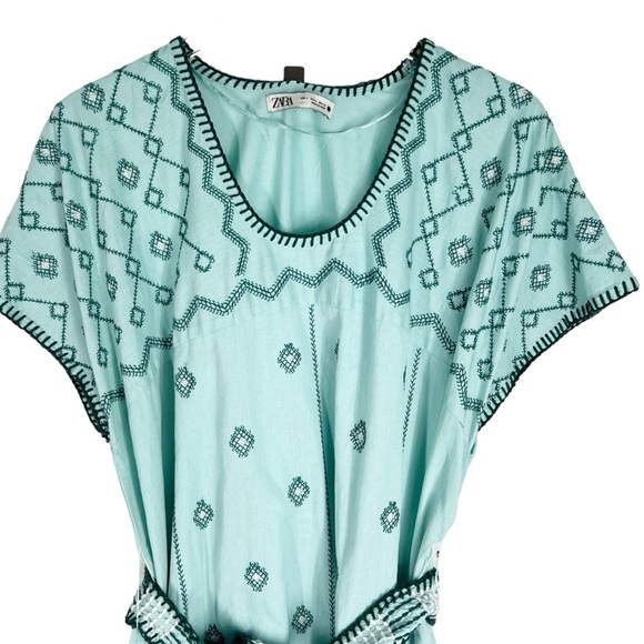 ZARA Green Embroidered Maxi Dress Short Sleeves Size Small - Picture 3 of 12